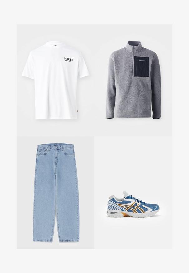 Grå fleece-pullover med halv-zip krage, en marineblå brystlomme, to sidelommer og teksturert stoff. Lett og uformell design.; Hvit bomull t-skjorte med rund hals, korte ermer og liten svart "Dickies Workwear" logo på venstre bryst. Glatt tekstur, normal passform.; Lyseblå denimjeans med rett ben-design, med mid-rise liv, fem lommer og knap og lynlås lukning.; Blå sportsko med mesh-overdel, hvite og oransje detaljer, polstret midtsåle og teksturert gummisåle. Har snøringsdesign.
