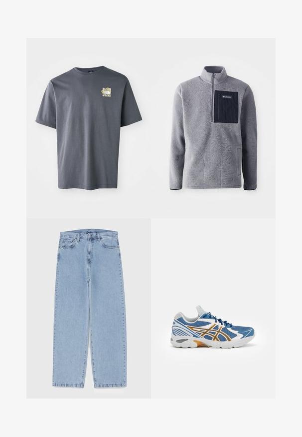 Szürke polár pulóver félcipzárral, tengerészkék mellzsebbel, két oldalsó zsebbel és texturált anyaggal. Könnyű és laza dizájn.; Szürke, rövid ujjú, pamut póló, kis virágos grafikával a mellrészen. Kerek nyakú dizájn, puha tapintás és laza szabás.; Világoskék farmernadrág egyenes szárú kivitelben, közepes derékkal, öt zsebbel, gombos és cipzáros záródással.; Kék sportcipő hálós felsőrésszel, fehér és narancssárga díszítéssel, párnázott középtalppal és texturált gumitalppal. Fűzős kialakítás jellemzi.