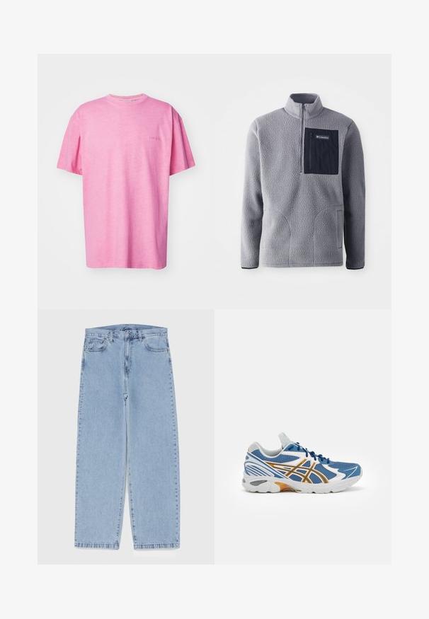 Harmaa fleece-huppari, jossa on puolivetoketju kaulus, tummansininen rintatasku, kaksi sivutaskua ja teksturoitu kangas. Kevyt ja rento muotoilu.; Carhartt WIP DUSTER SCRIPT - T-paita - charm pink; Vaaleansiniset farkut suoran lahkeen muotoilulla, joissa on puolivälin vyötärö, viisi taskua sekä nappi- ja vetoketjusuljenta.; Sininen urheilukenkä, jossa verkkokangasvarsit, valkoisia ja oransseja yksityiskohtia, pehmustettu väliosa ja teksturoitu kumipohja. Varustettu narujen kanssa sidottavalla designilla.