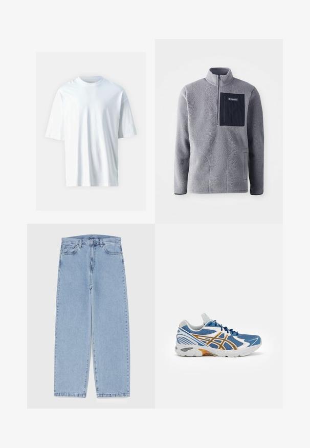 Šedý fleece pulovr s polo zipem, náprsní kapsou v námořnické modři, dvěma bočními kapsami a texturovaným materiálem. Lehký a pohodlný design.; Bílý krátký rukáv tričko vyrobené z měkké bavlny. Má kulatý výstřih, volný střih a hladkou texturu. Žádné viditelné vzory ani akcenty.; Světle modré džíny s rovnými nohavicemi, středním pasem, pěti kapsami a zapínáním na knoflík a zip.; Modré sportovní boty s síťovaným svrškem, bílými a oranžovými akcenty, vysoce odpruženou mezipodešví a texturovanou gumovou podrážkou. Obsahují šněrování.