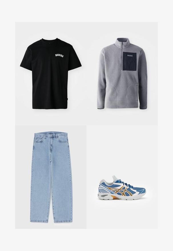 Grå fleece-pullover med halv-zip krage, en marineblå brystlomme, to sidelommer og teksturert stoff. Lett og uformell design.; Svart bomull T-skjorte med korte ermer og rund hals. Har en hvit buet logo "DICKIES" på brystet. Enkel design, ingen mønstre.; Lyseblå denimjeans med rett ben-design, med mid-rise liv, fem lommer og knap og lynlås lukning.; Blå sportsko med mesh-overdel, hvite og oransje detaljer, polstret midtsåle og teksturert gummisåle. Har snøringsdesign.