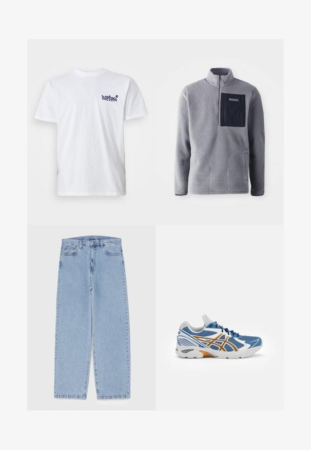 Grauer Fleece-Pullover mit einem halben Reißverschluss-Kragen, einer navyfarbenen Brusttasche, zwei Seitentaschen und strukturiertem Material. Leicht und im lässigen Design.; Weißes Baumwoll-T-Shirt mit kurzen Ärmeln, Rundhalsausschnitt und kleinem navyblauen "Wiltopia"-Logo auf der linken Brust. Glatte Textur.; Hellblaue Jeans aus Denim mit geradem Bein, ausgestattet mit einer mittelhohen Taille, fünf Taschen sowie einem Knopf- und Reißverschluss.; Blaue Sportschuh mit Mesh-Obermaterial, weißen und orangefarbenen Akzenten, gepolstertem Zwischensohle und strukturiertem Gummisohle. Verfügt über ein Schnürdesign.