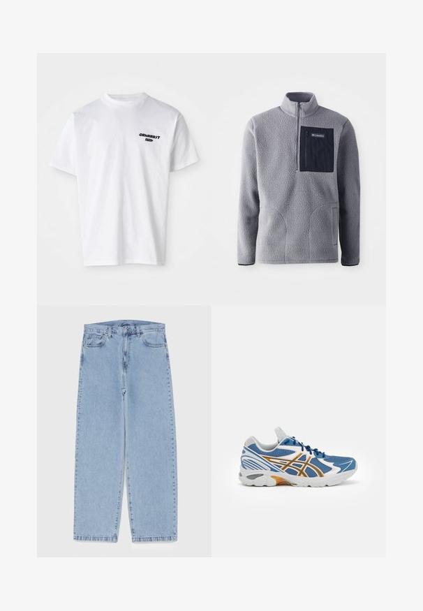 Szürke polár pulóver félcipzárral, tengerészkék mellzsebbel, két oldalsó zsebbel és texturált anyaggal. Könnyű és laza dizájn.; Fehér pamut póló kerek nyakkivágással. Fekete szöveglogó a bal mellkas részén. Rövid ujjú, laza szabású, és puha tapintású.; Világoskék farmernadrág egyenes szárú kivitelben, közepes derékkal, öt zsebbel, gombos és cipzáros záródással.; Kék sportcipő hálós felsőrésszel, fehér és narancssárga díszítéssel, párnázott középtalppal és texturált gumitalppal. Fűzős kialakítás jellemzi.