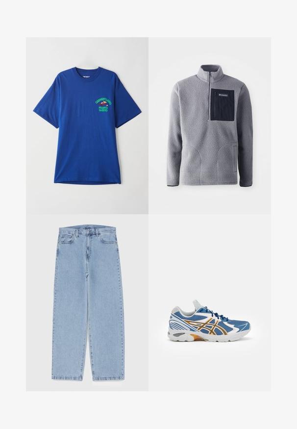 Grey fleece pullover with a half-zip collar, a navy chest pocket, two side pockets, and textured fabric. Lightweight and casual design.; Blue cotton t-shirt with a round neck, short sleeves, and a graphic print featuring a red character and text on the left chest area.; Light blue denim jeans with straight leg design, featuring a mid-rise waist, five pockets, and a button and zipper closure.; Blue athletic shoe with mesh upper, white and orange accents, cushioned midsole, and textured rubber outsole. Features lace-up design.