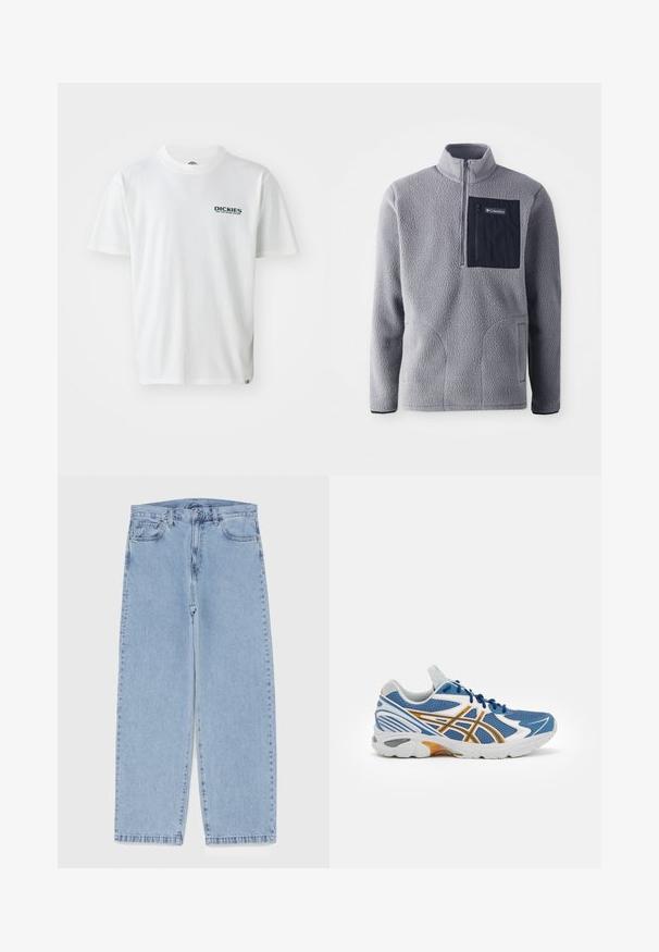 Pilkas vilnonis megztinis su pusiau užtrauktuku, tamsiai mėlyna krūtinės kišenė, dvi šoninės kišenės ir tekstūruota medžiaga. Lengvas ir kasdienis dizainas.; Balta medvilnė marškinėliai su trumpomis rankovėmis, su žaliu "DICKIES ON THE ROAD AGAIN" logotipu kairėje krūtinės pusėje. Standartinė apvalios kaklo dizaino.; Šviesiai mėlyni džinsai su tiesiomis kojomis, turintys vidutinio aukščio juosmenį, penkias kišenes ir mygtuko bei užtrauktuko uždarymą.; Mėlyni sportiniai batai su tinklelio viršumi, baltais ir oranžiniais akcentais, paminkštintu vidpadžiu ir tekstūruotu guminio pado apvadu. Yra raištelių uždarymas.