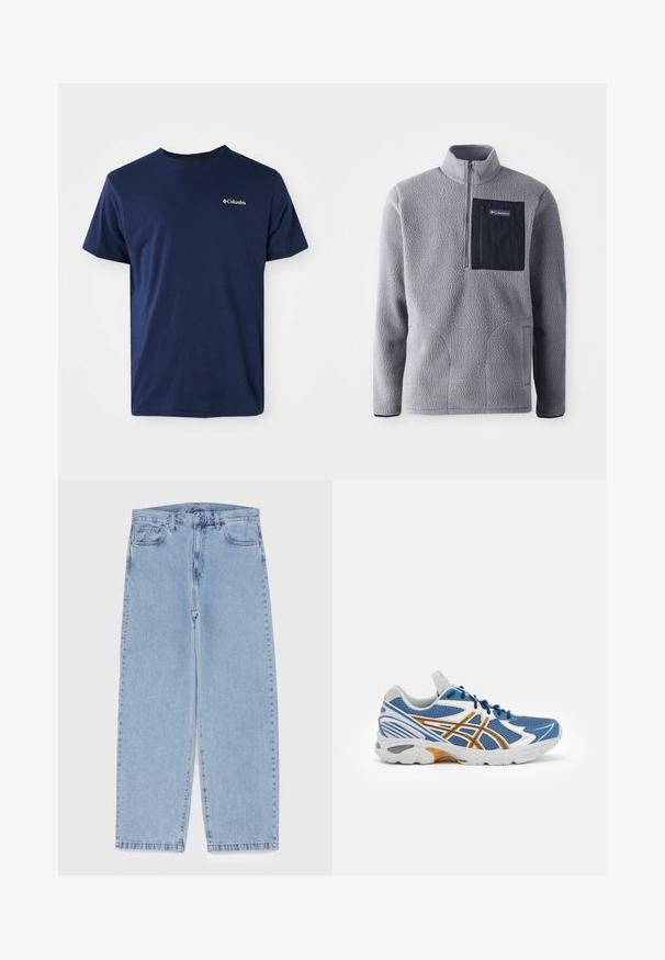 Harmaa fleece-huppari, jossa on puolivetoketju kaulus, tummansininen rintatasku, kaksi sivutaskua ja teksturoitu kangas. Kevyt ja rento muotoilu.; T-paita tummansinisiä puuvillasta, lyhyillä hihoilla, pyöreällä kaula-aukolla ja pienellä valkoisella Columbia-logolla vasemmassa rinnassa. Pehmeä rakenne, klassinen malli.; Vaaleansiniset farkut suoran lahkeen muotoilulla, joissa on puolivälin vyötärö, viisi taskua sekä nappi- ja vetoketjusuljenta.; Sininen urheilukenkä, jossa verkkokangasvarsit, valkoisia ja oransseja yksityiskohtia, pehmustettu väliosa ja teksturoitu kumipohja. Varustettu narujen kanssa sidottavalla designilla.