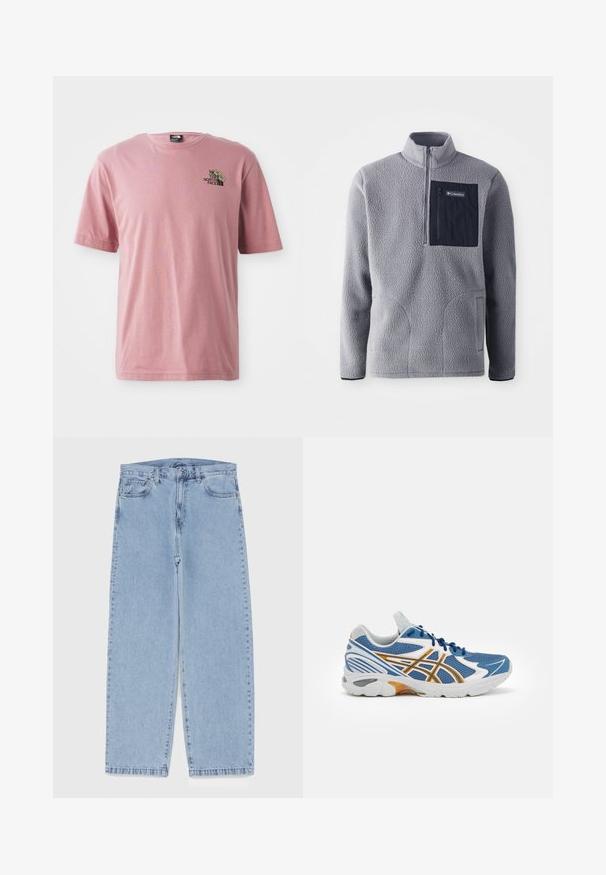 Pelēks flīsa pulkstenis ar pusi rāvējslēdzēja apkakli, tumši zilā krāsā krūšu kabata, divām sānu kabatām un teksturētu audumu. Viegls un ikdienišķs dizains.; Rozā kokvilnas T-krekls ar apaļu dekoltē, īsām piedurknēm un mazu grafisku dizainu ar zīmola logotipu uz krūšu daļas.; Gai zila džinsu bikses ar taisnu kāju dizainu, kas piedāvā vidēju vidukļa augstumu, piecas kabatas un pogas un rāvējslēdzēja aizdari.; Zila sporta apava ar acs audumu augšdaļu, baltiem un oranžiem akcentiem, ar mīkstinātu vidusdaļu un teksturētu gumijas zoli. Iespējama saslēdzama dizaina.