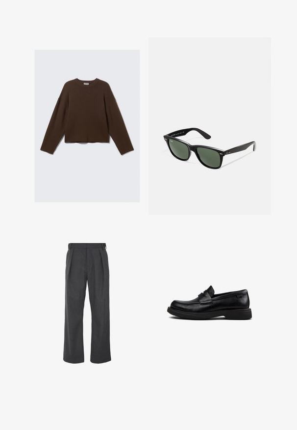 Mørkebrun langærmet strikket crewneck sweater med afslappet pasform og ribbet krave, præsenteret på en ensfarvet lys baggrund.; Vide ben bukser i mørkegrå stof, med en glat tekstur, plisseret front og justerbare sidebånd for pasform.; Sorte læder slip-on loafers med rund tå, lav sål og dekorativ rem over vristen.; Sorte plastiksolkaber med grønne linser, firkantede stel, sølvaccent på brynene og teksturerede templede arme. Angivet mærke på den indre arm.