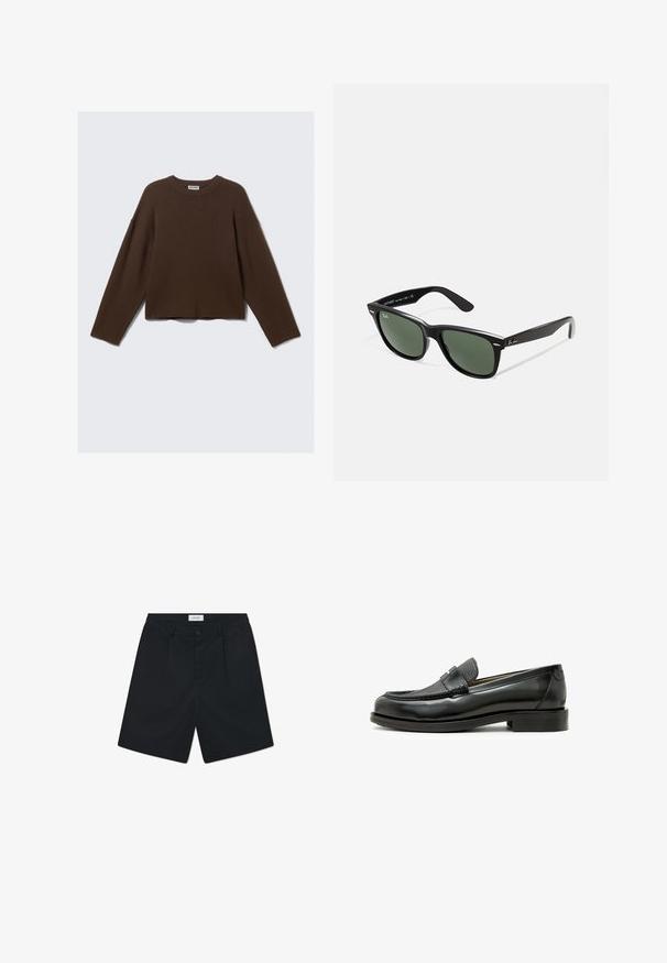 Pull en maille à col rond en brun foncé, à manches longues et à coupe décontractée avec un col côtelé, présenté sur un fond clair uniforme.; Shorts noirs en tissu avec une texture lisse. Comprend une fermeture à bouton, deux plis avant et une taille standard.; Mocassin en cuir noir avec une pièce en cuir texturé noir, bout rond et petit talon carré ; présente un détail métallique décoratif.; Lunettes de soleil en plastique noir avec verres verts, monture carrée, accent argenté sur le sourcil et branches texturées. Marque indiquée sur l'intérieur de la branche.