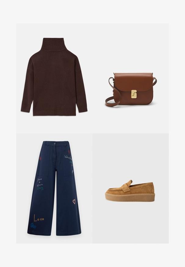 Brązowy sweter z golfem wykonany z dzianiny, z wysokim, prążkowanym kołnierzem, opadającymi ramionami oraz prążkowanymi mankietami i dolnym wykończeniem. Gładka tekstura i luźny krój.; Granatowe spodnie z szerokimi nogawkami wykonane z bawełny, z licznymi kieszeniami. Ozdobione kolorowymi haftowanymi napisami i grafikami, w tym sercami i zabawnymi hasłami.; Brązowe zamszowe mokasyny z okrągłym noskiem, z wyprofilowaną podeszwą platformową i dekoracyjnym paskiem na górze.; Brązowa skórzana torebka na ramię z klapką, złotymi detalami, paskiem na ramię i gładką teksturą. Kompaktowy prostokątny kształt.