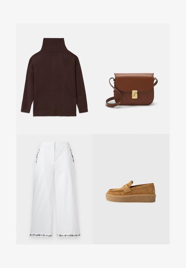 Barna kötött garbó pulóver magas bordás nyakkal, ejtett vállakkal, és bordás mandzsettákkal és aljjal. Sima textúra, laza szabás.; Fehér, bő szárú nadrág, virágos hímzéssel a zsebeknél és a szegélyen. Simább anyagból készült, semleges mintával és testre szabott szabással.; Barna velúr lódon, kerek orral, bordázott platform talppal és díszes pánttal a felső részen.; Barna bőr kézitáska, hajtókás zárással, arany színű fém kiegészítőkkel, vállpánttal és sima felülettel. Kompakt téglalap alakú.
