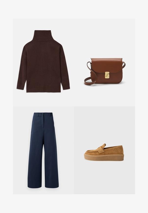 Pulover tricotat de culoare maro cu guler înalt din țesătură rib și umeri lăsați, cu manșete și tiv rib. Textură netedă, cu un croi lejer.; Pantaloni largi de culoare bleumarin, confecționați dintr-un material neted, cu talie înaltă, dotati cu două butoane frontale, două buzunare laterale și tivuri drepte.; Mocasini din nubuc maroniu cu vârf rotund, având o talpă platformă cu nervuri și o curea decorativă peste partea superioară.; Geantă de piele maro cu închidere tip capac, accesorii de culoare aurie, curea de umăr și o textură netedă. Formă compactă și rectangulară.