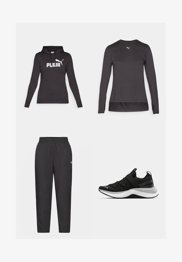Melnas kapucētas džemperis, izgatavots no gludas auduma, ar lielu baltu "PUMA" logotipu un mazu Puma siluetu uz krūšu daļas. Priekšējais kenguru kabata.; Melnas garās piedurknes sporta kreklas ar noapaļotu kakla izgriezumu, uz krūtīm ir neliels balts logo un piedurkņu malās ir atveres pirkstiem. Gluda tekstūra.; Melni sporta bikses ar elastīgu jostasvietu, sašaurinātām kājām, gludu tekstūru un mazāku balto logotipu kreisajā gurnā.; Melna sporta kurpe ar teksturētu augšējo daļu, elastīgām siksnām un biezu baltu vidusdaļu. Ievietots pelēks akcenta elements gar zoli.