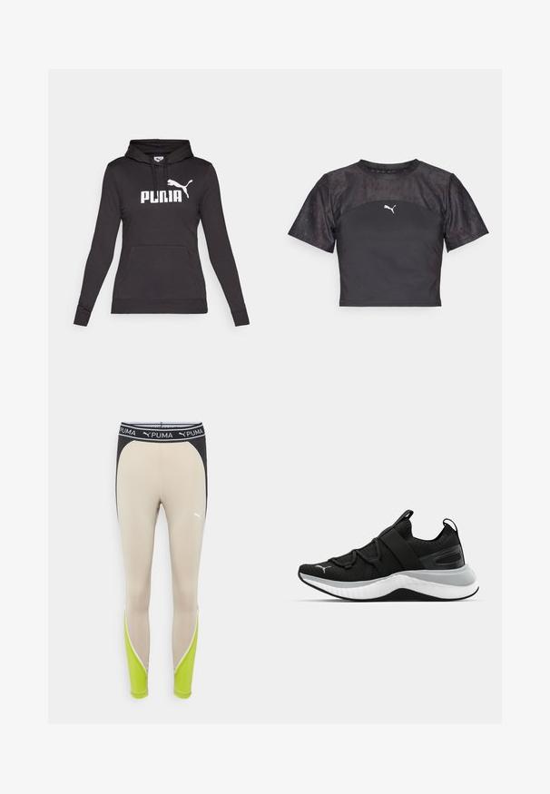 Must must ülikond, mis on valmistatud siledast kangast, millel on suur valge "PUMA" logo ja väike Puma siluett rinnal. Ees on kangaroo tasku.; Must mustripsiga must t-särk, millel on stiilne disain, tekstureeritud pitspaneel ja ees valge Puma logo.; Bež legginsid musta vöökohtaga, millel on rohelised detailid ja valged õmblused. Valmistatud venivast materjalist mugavuse tagamiseks.; Must have tekstuuriga ülemise osaga mustad spordijalatsid, elastsete rihmade ja paksu valge vaheosaga. Omab halli aktsenti talla ääres.