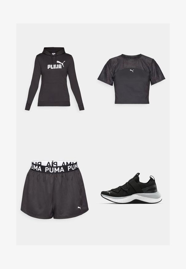 Sudadera con capucha negra hecha de tela suave, que presenta un gran logo blanco de "PUMA" y una pequeña silueta de Puma en el pecho. Bolsillo frontal tipo canguro.; Camiseta corta negra con mangas cortas, que presenta un diseño elegante, un panel de encaje texturizado y un logo de Puma blanco en la parte frontal.; Pantalones cortos deportivos negros con una cinturilla elástica que presenta la marca "PUMA" en blanco, fabricados con un material suave y ligero.; Zapato deportivo negro con parte superior texturizada, correas elásticas y una suela intermedia blanca gruesa. Presenta un acento gris a lo largo de la suela.