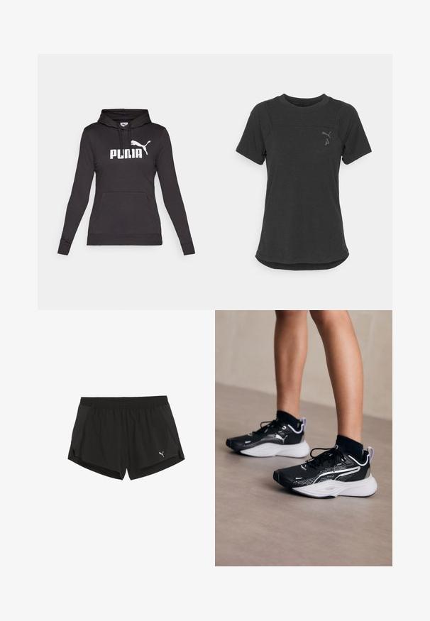 Fekete kapucnis pulóver sima anyagból, nagy fehér "PUMA" logóval és egy kicsi Puma sziluettel a mellkasán. Elöl kenguru zseb.; Fekete, rövid ujjú, teljesítmény t-shirt, puha, lélegző anyagból készült. Kerekített szegéllyel és diszkrét logóval az upper bal mellkason.; Fekete sportnadrág, elasztikus derékkal, oldalhasítékokkal, divatos hálós betétekkel és fehér Puma logóval a bal alsó oldalon.; Fekete sportcipők fehér kiegészítőkkel, hálós felsőrésszel, fűzőkkel és párnázott sarokkal. A talp textúrázott, amely tapadást biztosít.
