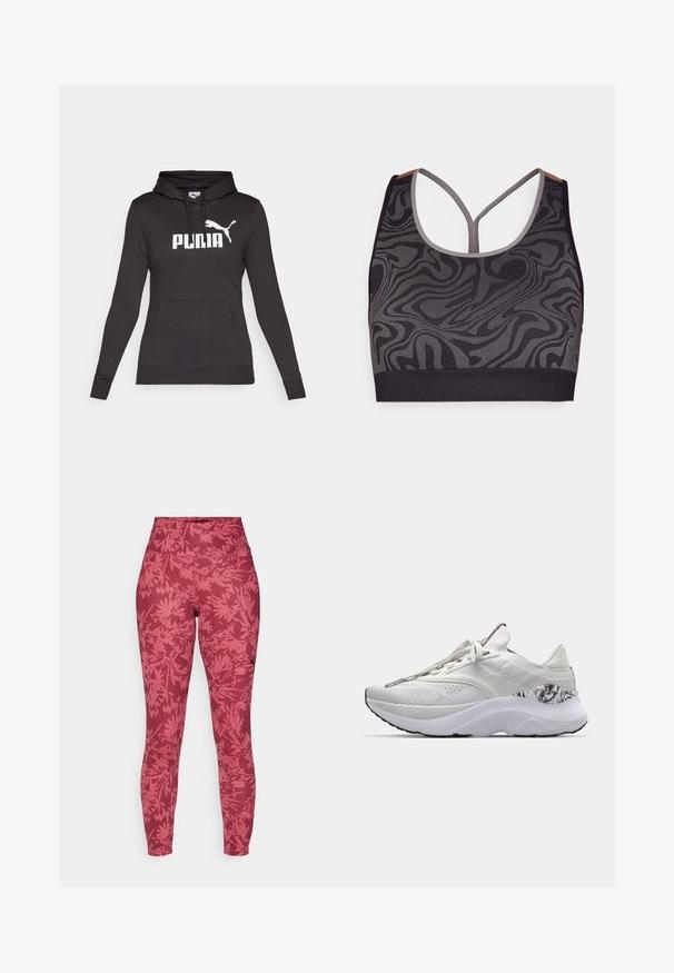 Sweatshirt preto com capuz, feito de tecido suave, apresentando um grande logotipo branco "PUMA" e uma pequena silhueta da Puma no peito. Bolso frontal tipo canguru.; Sutiã desportivo preto com padrão cinza em espiral, apresentando um decote redondo e design de costas raiadas. Feito de tecido de malha texturizado.; Leggings vermelhas com um design ajustado, cintura alta e um padrão de folhagem em um tom mais escuro de vermelho. Feitas de um tecido elástico e texturizado.; Sapatilha atlética branca com parte superior texturada, biqueira arredondada e sola almofadada. Apresenta um detalhe estampado perto do calcanhar e atacadores planos.