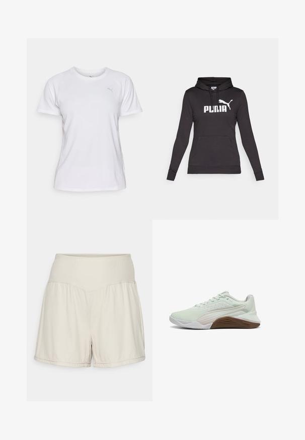 Črna kapuca s potiskom izdelana iz gladke tkanine, z velikim belim logotipom "PUMA" in manjšim silhueto Pume na prsih. Sprednji žep v obliki kenguruja.; Bela športna majica iz zračnega materiala. Ima okroglo izreznico in kratke raglan rokave z diskretno sivo logotipno akcentacijo.; Svetlo bež kratke hlače z teksturiranim rebrastim pasom, tekočim dizajnom in sproščenim krojem. Imajo šivane robove in stranske razpoke za večjo fleksibilnost.; Svetlo zelena športna obuvala z teksturiranim zgornjim delom, belimi poudarki in rjavo gumijasto podplatom. Imajo prezračevanje iz mreže in ojačan prst.