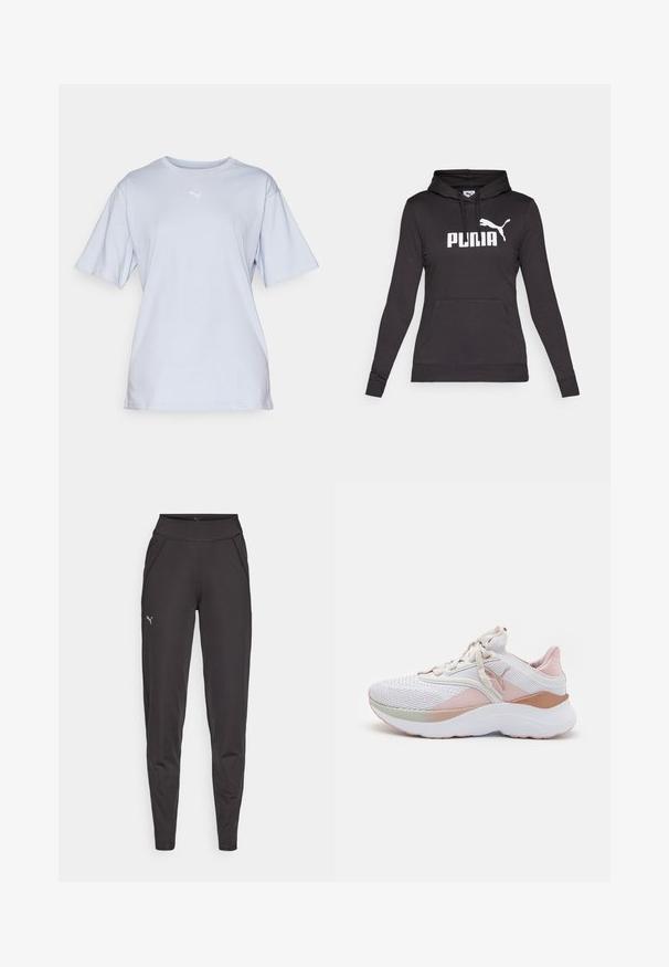 Zwarte hoodie gemaakt van soepel stof, met een groot wit "PUMA"-logo en een kleine Puma-silhouet op de borst. Voorzak in kangoeroe-stijl.; Lichtblauwe katoenen t-shirt met korte mouwen, een ronde hals en een geborduurd wit logo op de borst. Soepele textuur en een losse pasvorm.; Zwarte sportleggings van rekbare stof, met een hoge tailleband, zijzakken en een klein reflecterend logo op de linkerdij.; Witte sportschoen met een bovenwerk van mesh, roze accenten, getextureerde patronen en een dikke witte zool. Heeft veters en een gevoerde hiel.