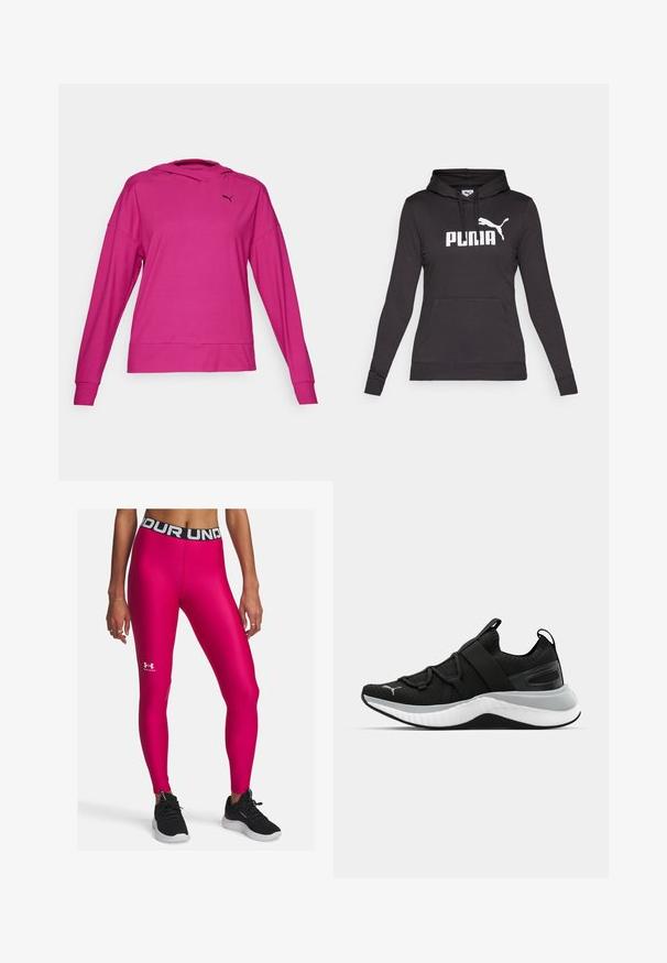 Juodas sukapotas džemperis, pagamintas iš lygios medžiagos, su dideliu baltu "PUMA" logotipu ir mažu Puma siluetu ant krūtinės. Priekinė kengūrų kišenė.; Fuksijos spalvos džemperis pagamintas iš lygaus audinio, su kengūros kišene, reguliuojamu gobtuvu ir juodu logotipu krūtinėje.; Rožinės sportinės leggingės su juodu prekės ženklo juosmeniu. Medžiaga lygi ir elastinga, ant kairiojo šlaunies yra logotipas.; Juodas sportinis batelis su tekstūruota viršutine dalimi, elastingomis juostomis ir storesniu baltu tarpiniai. Yra pilkas akcentas palei pado kraštą.