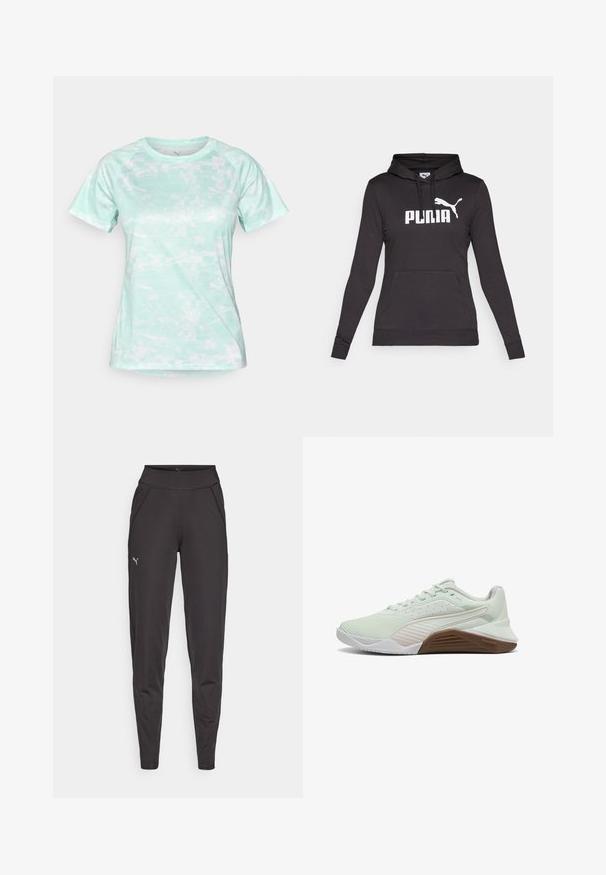 Juodas sukapotas džemperis, pagamintas iš lygios medžiagos, su dideliu baltu "PUMA" logotipu ir mažu Puma siluetu ant krūtinės. Priekinė kengūrų kišenė.; Mėtų žalios spalvos trumpomis rankovėmis sportinė maikė su pikselių raštu, pagaminta iš lengvos, kvėpuojančios medžiagos, su apvaliu kaklu.; Juodi sportiniai legginsai, pagaminti iš tamprios medžiagos, su aukštu juosmeniu, šoninėmis kišenėmis ir maža atspindinčia logo kairiajame šlaunyje.; Šviesiai žalia sportinė avalynė su tekstūruota viršutine dalimi, baltais akcentais ir rudą guminę pada. Yra kvėpuojantis tinklelis ir sustiprinta pirštų dalis.