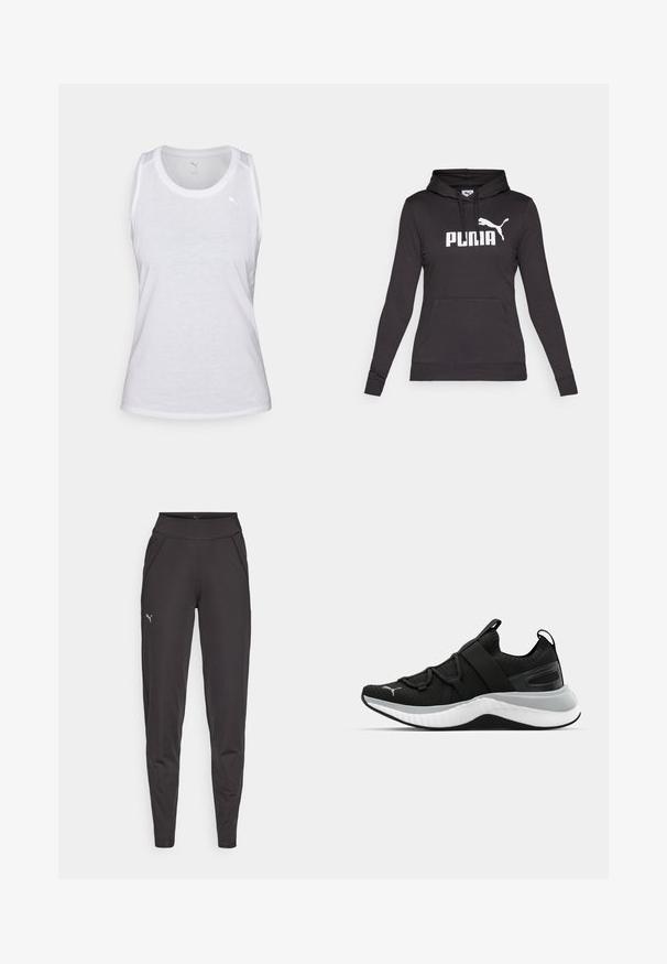 Hanorac negru cu glugă, realizat dintr-un material neted, având un mare logo alb "PUMA" și o mică siluetă Puma pe piept. Buzunar frontal tip cangur.; Maiou alb fără mâneci, cu gât rotund, confecționat dintr-un material ușor. Prezintă un logo subtil pe piept și o textură netedă.; Leggings atletice negre, fabricate dintr-un material elastic, cu un talie înaltă, buzunare laterale și un mic logo reflectorizant pe coapsa stângă.; Pantof de sport negru cu un upper texturat, curele elastice și o talpă intermediară groasă albă. Are un accent gri pe lungimea tălpii.