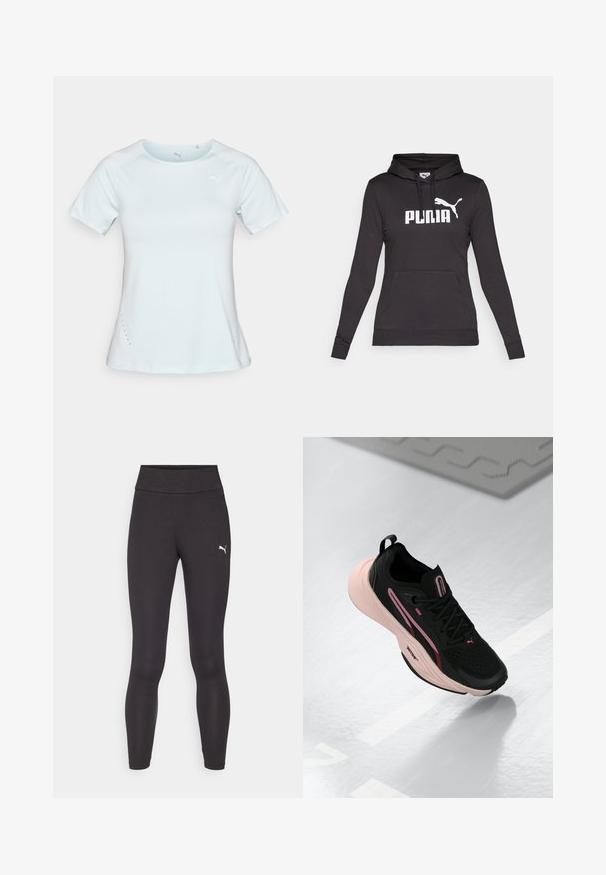 Sweatshirt preto com capuz, feito de tecido suave, apresentando um grande logotipo branco "PUMA" e uma pequena silhueta da Puma no peito. Bolso frontal tipo canguru.; Camisola atlética de mangas curtas azul clara, feita de tecido suave, com decote redondo e pequenas perfurações nas laterais. Logótipo no peito.; Leggings pretos com uma cintura alta, feitos de um tecido elástico. Apresenta um pequeno logótipo da Puma branco na parte superior da perna esquerda. Design de corte slim.; Sapatilha atlética preta com detalhes em rosa e uma parte superior texturizada. Apresenta uma sola rosa almofadada e atacadores pretos. Design leve para desempenho.