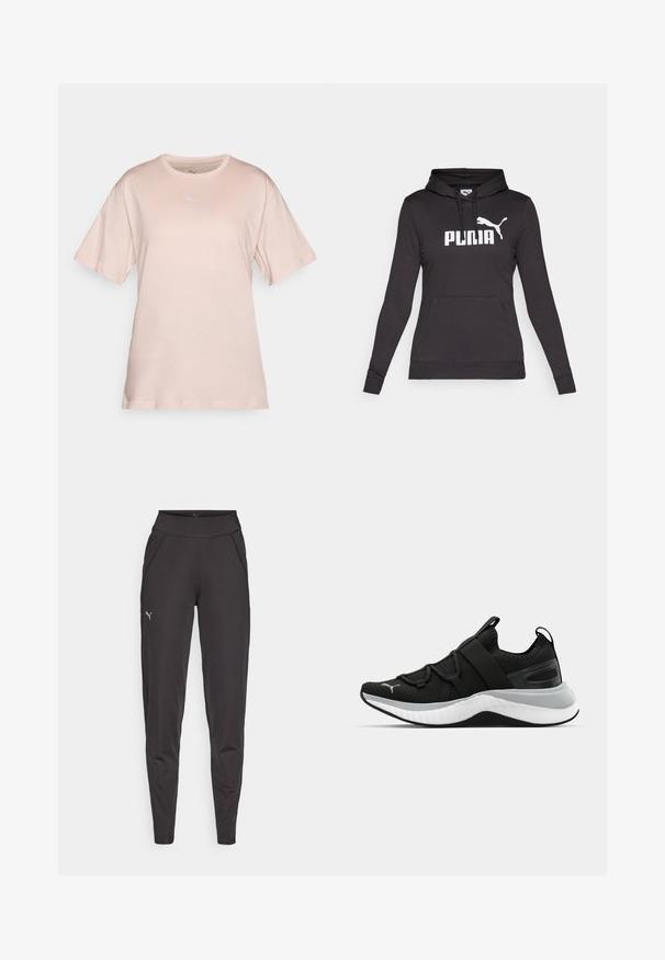 Zwarte hoodie gemaakt van soepel stof, met een groot wit "PUMA"-logo en een kleine Puma-silhouet op de borst. Voorzak in kangoeroe-stijl.; Lichtroze t-shirt met korte mouwen van zachte katoen. Bevat een klein wit geborduurd logo op de borst en een ronde halslijn.; Zwarte sportleggings van rekbare stof, met een hoge tailleband, zijzakken en een klein reflecterend logo op de linkerdij.; Zwarte sportschoen met een gestructureerde bovenkant, elastische banden en een dikke witte tussenzool. Heeft een grijze accent langs de zool.