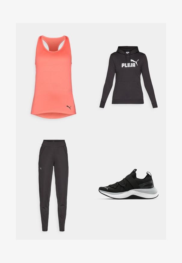 Svart hettegenser laget av glatt stoff, med en stor hvit "PUMA"-logo og en liten Puma-silhuett på brystet. Frontlomme i kengurustil.; Koral atletisk tanktopp, laget av glatt stoff, har design med racerback, buet hem og en svart Puma-logo nederst til høyre.; Sorte athletic leggings laget av elastisk materiale, med høy midje, sidelommer og en liten reflekslogo på venstre lår.; Sorte treningssko med en teksturert overdel, elastiske stropper og en tykk hvit mellomsåle. Har en grå aksent langs sålen.