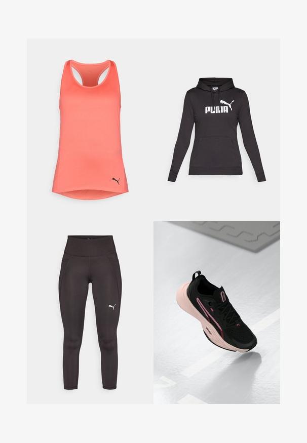 Felpa nera con cappuccio realizzata in tessuto liscia, caratterizzata da un grande logo bianco "PUMA" e una piccola silhouette Puma sul petto. Tasca frontale a marsupio.; Canotta atletica corallo, realizzata in tessuto morbido, presenta un design a dorso racer, un orlo curvo e un logo Puma nero in basso a destra.; Leggings atletici neri realizzati in un materiale elastico con vita alta, dotati di tasche laterali e un logo bianco sulla gamba sinistra.; Scarpa da ginnastica nera con accenti rosa e parte superiore testurizzata. Presenta una suola rosa imbottita e lacci neri. Design leggero per prestazioni elevate.