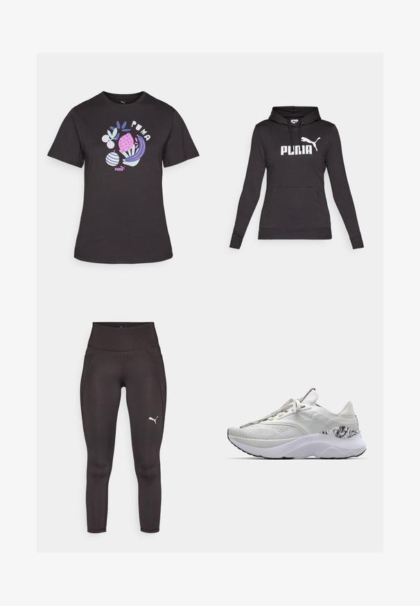 Czarna bluza z kapturem, wykonana z gładkiego materiału, z dużym białym logo "PUMA" oraz małą sylwetką Pumy na klatce piersiowej. Z przodu kieszeń kangurza.; Czarny bawełniany t-shirt z kolorowym graficznym wzorem przedstawiającym rośliny i kształty. Krótkie rękawy i okrągły dekolt. Wyświetlone logo marki.; Czarne legginsy sportowe z elastycznego materiału z wysokim stanem, z bocznymi kieszeniami i białym logo na lewej nogawce.; Białe buty sportowe z teksturowaną cholewką, okrągłym przodem i amortyzowaną podeszwą. Posiadają wzorzysty akcent w okolicy pięty i płaskie sznurowadła.