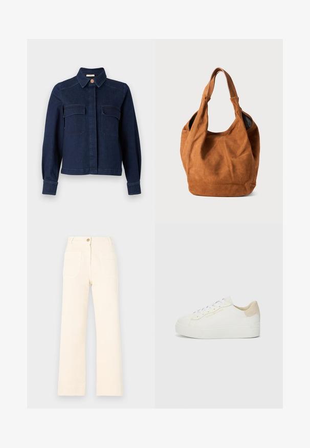 White knitted sweater with a round neckline and long sleeves. Features a small logo on the chest and ribbed cuffs and hem.; Navy blue denim jacket with a pointed collar, two front pockets, and button closure. Features long sleeves and a structured fit.; Beige wide-leg trousers made of cotton with a front button closure and two large back pockets. Smooth texture and finished hem.; White sneaker made of leather with a textured beige suede heel. Features flat white laces and subtle gold branding on the side.; Brown suede shoulder bag with a soft texture, curved shape, and two handles. Features a minimal design with no visible hardware or accents.