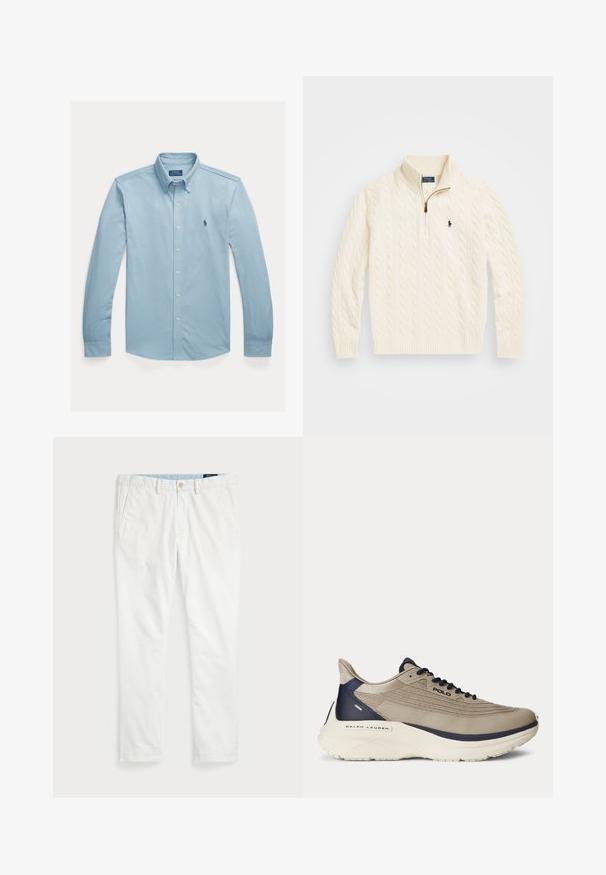 Kremni pulover z valovitim pletenjem in visokim ovratnikom, ki ima polno zadrgo in majhen mornarsko moder logotip na levi strani.; Polo Ralph Lauren FEATHERWEIGHT SHIRT - Srajca - vessel blue; Beli chinos iz bombaža, z ravnim sprednjim delom, z zanko za pas, dvema stranskima žepoma in enim zadnjim žepom. Gladka tekstura z ravno nogavico.; Bežna atletska obutev z zgornjim delom iz teksturirane mrežice, mornarsko modrimi detajli, debelim belim podplatom in zapletenimi oblikovalskimi podrobnostmi. Ima vezalke in logotip.