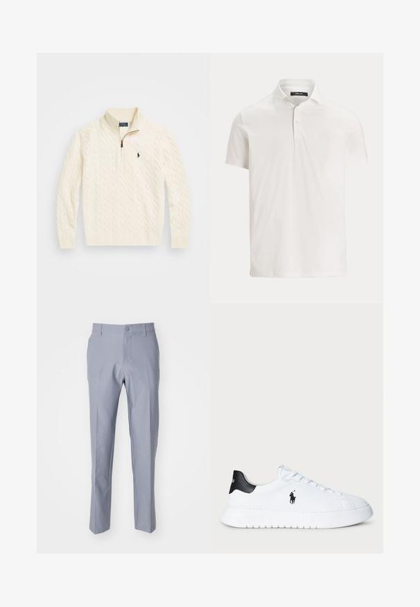 Kremowy sweter z warkoczowym splotem, z wysokim kołnierzem, wyposażony w połowiczne zapięcie na zamek oraz małym granatowym logo po lewej stronie.; Męska biała koszulka polo z krótkim rękawem, kołnierzem, dwoma guzikami oraz subtelną metką z logo na wewnętrznej stronie kołnierza.; Jasnoszare spodnie wykonane z gładkiego materiału. Posiadają klasyczny krój, proste nogawki oraz zapięcie na guzik w pasie.; Białe niskie trampki z czarnym futerkiem na pięcie i czarnym logo Polo Ralph Lauren z boku, z białymi sznurówkami i grubą gumową podeszwą.