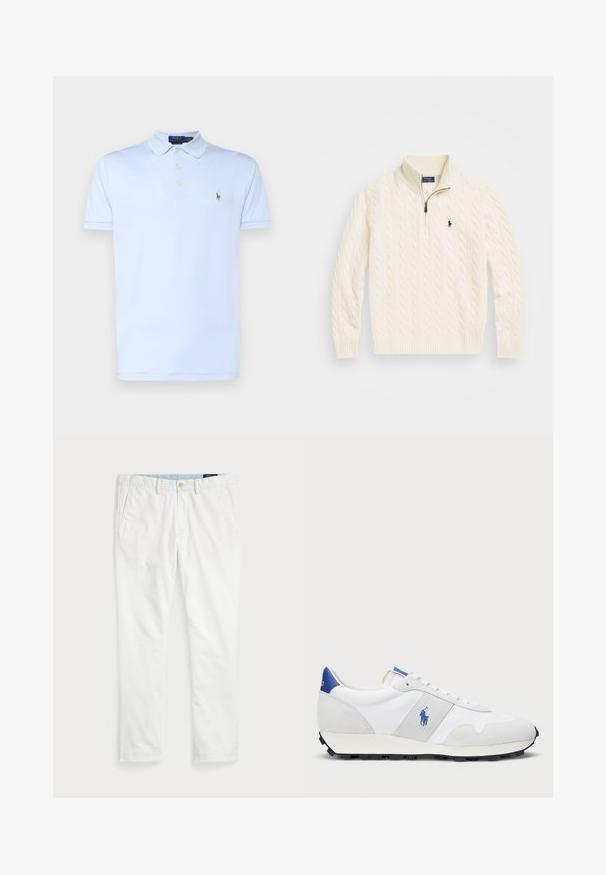 Kremni pulover z valovitim pletenjem in visokim ovratnikom, ki ima polno zadrgo in majhen mornarsko moder logotip na levi strani.; Polo Ralph Lauren CUSTOM SLIM FIT SOFT COTTON POLO SHIRT - Polo majica - oxford blue; Beli chinos iz bombaža, z ravnim sprednjim delom, z zanko za pas, dvema stranskima žepoma in enim zadnjim žepom. Gladka tekstura z ravno nogavico.; Bela športna čeveljca z sivo nubuk pohištvo, mrežastim zgornjim delom, modrim zadnjim trakom in črnim gumijastim podplatom. Imajo vezalne zapore in logotip.