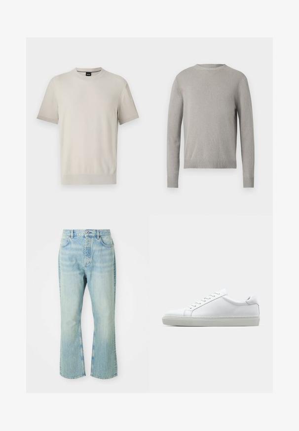 Suéter de malha cinza claro com decote redondo, punhos e bainha com canelados. Apresenta um tecido texturizado em uma cor sólida, sem padrões.; T-shirt de manga curta com decote redondo em tecido texturizado bege claro. Apresenta gola e punhos ribateados com um acabamento contrastante discreto.; Jeans flare de denim azul claro com cintura alta, apresentando cinco bolsos, passantes para cinto e uma textura de lavagem desbotada.; Sapatilha branca com um cabedal em couro liso e de perfil baixo. Apresenta um bico redondo, seis ilhoses e uma sola de borracha texturizada.