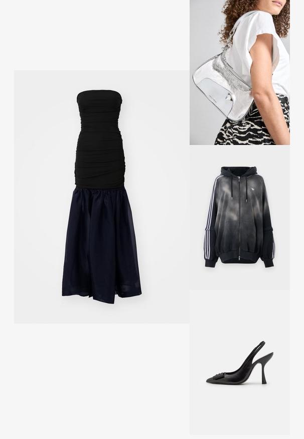 Sort hættebluse med gradient-effekt, lavet af blødt materiale. Har lynlås-lukning, store frontlommer og hvide sidelister.; STAUD LIYA DRESS - Gallakjole - black/navy; Sorte lædersandal med spids tå, slank høj hæl og dekorativ sløjfeaccent. Glat tekstur og strømlinet design.; Sølv metal skuldertaske med en glat overflade, buet design, kædestrop og en poleret frontpanel med en subtil logoindgravering.