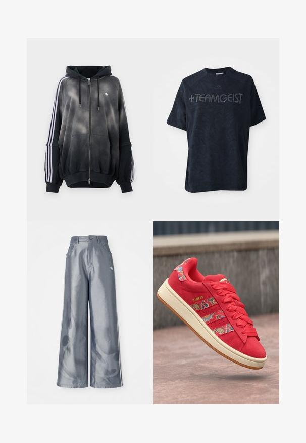 Hoodie preto com efeito de degradê, feito de material suave. Apresenta fecho com zíper, grandes bolsos frontais e riscas brancas nas laterais.; T-shirt preta de mangas curtas feita de um tecido suave, apresentando um padrão texturizado e adornada com strass formando a palavra "+TEAMGEIST."; Calças de pernas largas em material cinza brilhante, com riscas brancas nas laterais e um padrão de chamas na parte inferior das pernas. Fecho com botão e fecho éclair na cintura.; Sapatilhas de camurça vermelha com acentos de padrão floral, design de três riscas, atacadores texturizados e sola de borracha creme. Detalhe do logótipo dourado "CAMPUS".