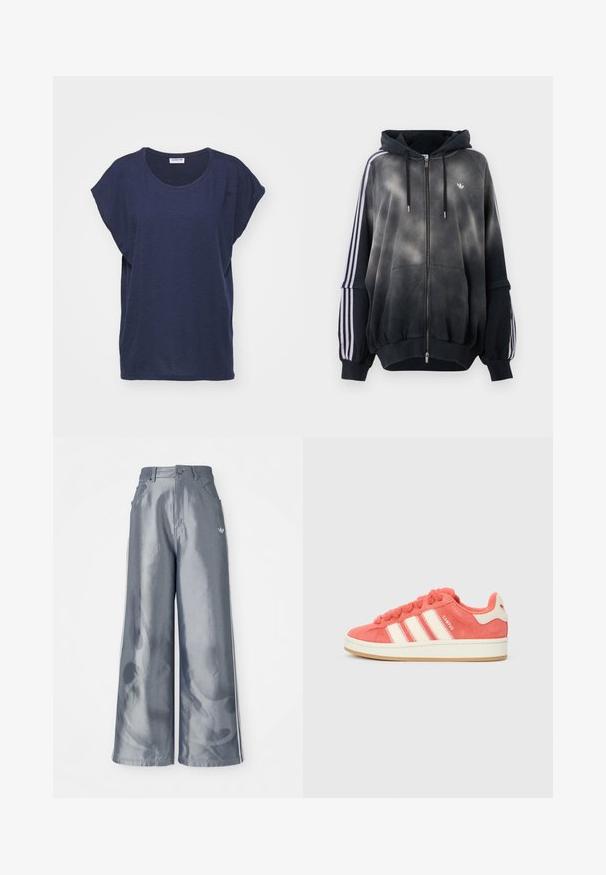 Mustapaita, jossa on gradientti-efekti, valmistettu pehmeästä materiaalista. Varustettu vetoketjulla, suurilla etutaskuilla ja valkoisilla sivustrikoilla.; T-paita tummansinisestä pehmeästä kankaasta, jossa on lyhyet hihat, pyöreä kaula-aukko ja lämmin istuvuus sivuhalkioilla mukavuutta ja liikkumista varten.; Housut leveillä lahkeilla kiiltävässä harmaassa materiaalissa, valkoisilla sivuviivoilla ja liekkikuvioilla alaosassa. Napin ja vetskarin suljenta vyötäröllä.; Vaaleanpunaiset mokkasiinikenkiä, joissa on kermaisia raitoja, pyöreät nauhat ja teksturoitu kieli. Varusteena kuminen pohja ja logo kantapäässä.