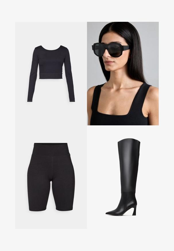 Černá mikina s kapucí s gradientovým efektem, vyrobená z měkkého materiálu. Má zipové zapínání, velké přední kapsy a bílé postranní pruhy.; Černý dlouhý rukáv, přiléhavý crop top s kulatým výstřihem a žebrovanou texturou. Lem končí těsně nad pasem a má minimalistické designové prvky.; Černé cyklistické kraťasy vyrobené z elastického materiálu. Vysoký pas, hladká textura, délka ke kolenům se švy vpředu a vzadu pro strukturu.; Černé kožené vysoké boty po kolena s špičatou špičkou, rovnou holení a zúženým vysokým podpatkem. Hladká textura s minimálními detaily.; Převelké černé sluneční brýle s tlustým rámem, ostrým designem a gradientními tmavými skly; nošeny s černým topem bez rukávů.