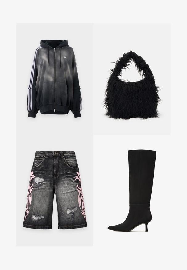 Felpa nera con effetto sfumato, realizzata in materiale morbido. Presenta una chiusura con zip, ampie tasche anteriori e bande laterali bianche.; Jaded London BLADE COLOSSUS JORTS UNISEX - Shorts di jeans - black; Stivale nero al ginocchio in morbida suede con punta affusolata e tacco a stiletto sottile. Caratterizzato da un design senza soluzione di continuità e con minime rifiniture in metallo.; Even&Odd Shopping bag - black