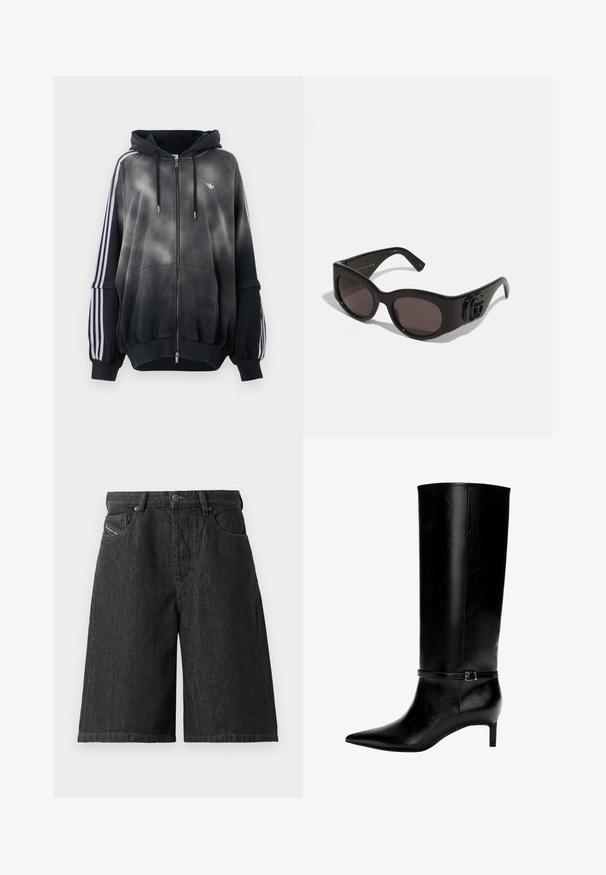Mustapaita, jossa on gradientti-efekti, valmistettu pehmeästä materiaalista. Varustettu vetoketjulla, suurilla etutaskuilla ja valkoisilla sivustrikoilla.; Mustat farkkushortsit, joissa on väljä malli. Edessä napitus ja vetoketju, vyölenkit sekä kaksi etutaskua. Teksturoitu kangas, jossa on ompeluyksityiskohtia.; Mustat nahkasaappaat polven yli, joissa on terävä kärki ja pieni korko. Niissä on kapea hihna metallisoljella nilkan ympärillä. Suora pinta.; Musta aurinkolasit suurilla, pyöreillä linsseillä, joissa on kiiltävä muovikehys ja silmiinpistävä logo-yksityiskohta temppeleissä.; Even&Odd Shopping bag - black