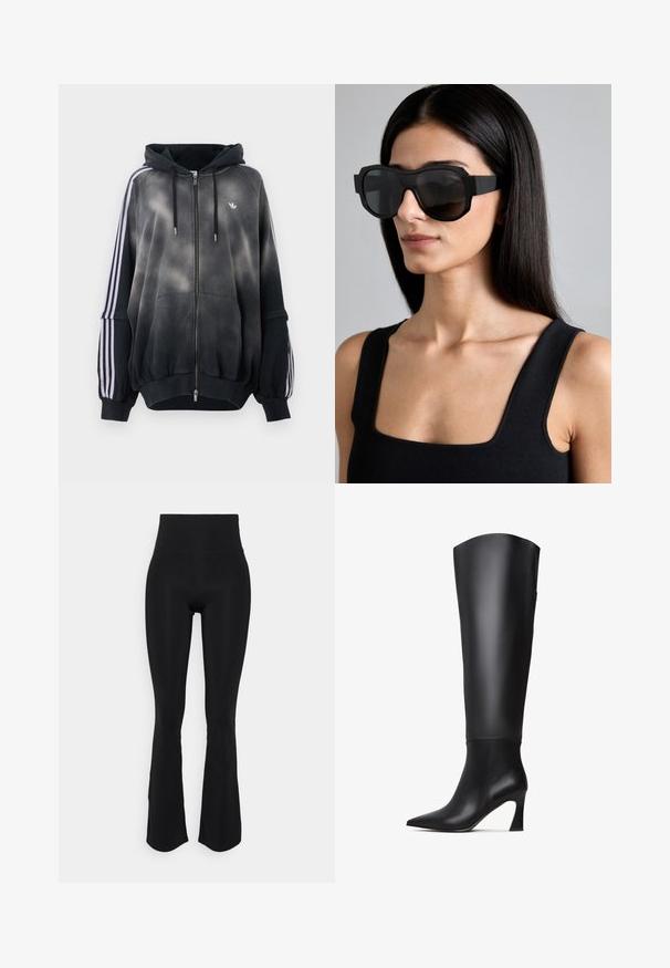 Černá mikina s kapucí s gradientovým efektem, vyrobená z měkkého materiálu. Má zipové zapínání, velké přední kapsy a bílé postranní pruhy.; Černé legíny s vysokým pasem a roztřepeným střihem vyrobené z elastického materiálu, které mají hladký povrch a štíhlý střih přes stehna s mírným rozšířením na lemu.; Černé kožené vysoké boty po kolena s špičatou špičkou, rovnou holení a zúženým vysokým podpatkem. Hladká textura s minimálními detaily.; Převelké černé sluneční brýle s tlustým rámem, ostrým designem a gradientními tmavými skly; nošeny s černým topem bez rukávů.