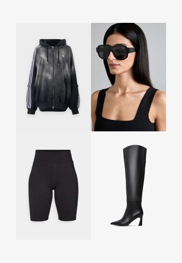 Černá mikina s kapucí s gradientovým efektem, vyrobená z měkkého materiálu. Má zipové zapínání, velké přední kapsy a bílé postranní pruhy.; Černé cyklistické kraťasy vyrobené z elastického materiálu. Vysoký pas, hladká textura, délka ke kolenům se švy vpředu a vzadu pro strukturu.; Černé kožené vysoké boty po kolena s špičatou špičkou, rovnou holení a zúženým vysokým podpatkem. Hladká textura s minimálními detaily.; Převelké černé sluneční brýle s tlustým rámem, ostrým designem a gradientními tmavými skly; nošeny s černým topem bez rukávů.