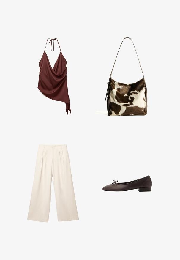 Harmaa olkapään yli ulottuva neulepaita, jossa on pehmeä, teksturoitu neulos, löysät hihat ja lyhennetty helma.; Maroon drapattu ilmanhihaista toppia syvällä V-kaula-aukolla, kaulakappaleella ja epäsymmetrisellä helma-yksityiskohdalla. Sileä, pehmeä kankaan tekstuuri.; Kapeita leveitä housuja vaaleanbeigessä värissä, pehmeästä ja teksturoidusta kankaasta. Edessä laskokset ja joustava vyötärö, joka tarjoaa rennon istuvuuden.; Ruske kožne balerinke s zaobljenim vrhom i malim blok petom. Imaju tanke mašne sprijeda i suptilne šavove.; Ruskea ja kerma cowhide-olkalaukku, jossa on sileä nahkahihna, vetoketju ja pehmeä, teksturoitu pinta, jossa on luonnollinen kuvio.