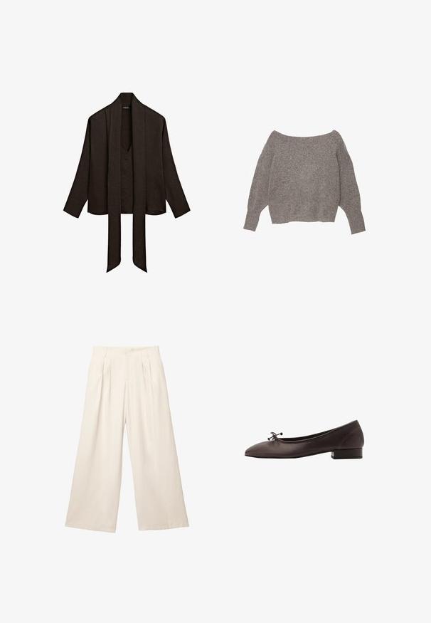 Grauer schulterfreier Pullover mit weichem, strukturiertem Strick, lockeren Ärmeln und einem cropped Saum.; Dunkelbraune Bluse mit langen Ärmeln, tiefem V-Ausschnitt und langen, breiten Schalschnüren, die vorne herunterhängen.; Weite Hosen in einem hellbeigen Farbton aus einem weichen, strukturierten Stoff. Mit vorderen Falten und einem elastischen Bund für einen entspannten Sitz.; Braune Leder-Balletschuhe mit runder Spitze und kleinem Blockabsatz. Mit einer dünnen Schleife an der Vorderseite und dezenten Steppnähten.