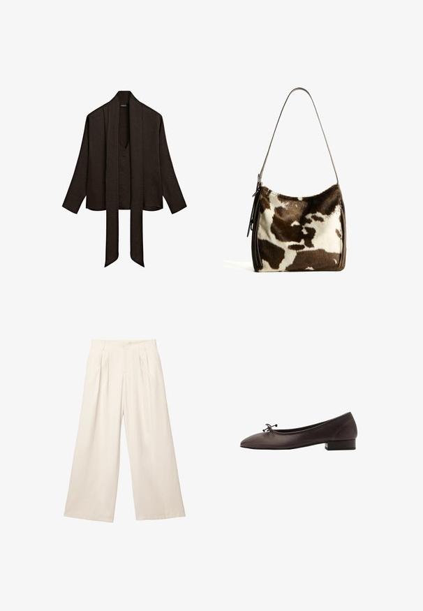 Grijze off-shoulder trui van zacht, textuurgebreid materiaal met losse mouwen en een cropped zoom.; Donkerbruin blouse met lange mouwen, een diepe V-hals en lange, brede sjaalkettingen die aan de voorkant naar beneden hangen.; Lange broek met wijde pijpen in een lichtbeige kleur, gemaakt van een zachte, gestructureerde stof. Heeft voorplooien en een elastische tailleband voor een comfortabele pasvorm.; Bruine leren balletschoen met een ronde neus en een kleine blokhak. Kenmerkt zich door een dunne strik aan de voorkant en subtiele stikdetails.; Bruine en crèmekleurige koeienhuid schoudertas met een gladde leren band, ritssluiting en een zachte, tekstuursurface met een natuurlijk patroon.