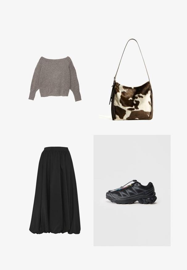 Grauer schulterfreier Pullover mit weichem, strukturiertem Strick, lockeren Ärmeln und einem cropped Saum.; Schwarzer, knielanger Rock mit gerafftem Stoff. Elastischer Bund, glatte Textur und eine fließende Silhouette ohne sichtbare Muster oder Akzente.; Schwarzer Sportschuh mit einem strukturierten Mesh-Obermaterial, verstärkter Zehenkappe und einem Schnellverschluss-System. Verfügt über eine robuste Laufsohle und einen leichten Absatz.; Braune und cremefarbene Kuhhaut-Umhängetasche mit einem glatten Ledertrageriemen, Reißverschluss und einer weichen, strukturierten Oberfläche mit einem natürlichen Muster.