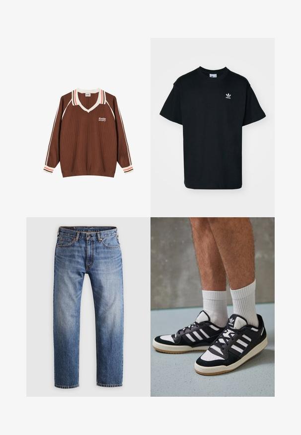 Kaotiko RETRO SPORT SOCIETY - Pulover - brown; Črna bombažna majica s kratkimi rokavi in krožno ovratnikom, z majhnim belim logotipom Adidas na levem prsnem delu.; Jean iz ravnim nogavicami v modri denim barvi, z gumbom in zadrgo, petimi žepi in oranžnim šivom na svetle sivi podlagi.; Črno-bele superge z zgornjim delom iz usnja in nubuka, ki imajo tri bele črte, perforiran vrh prstov in podplat iz gume.