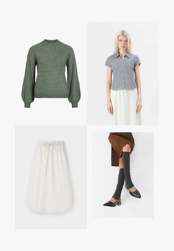 Zelený žebrovaný pletený svetr s vysokým límcem a dlouhými, objemnými rukávy. Má texturovaný povrch a přiléhavé manžety.; Hollister Co. Košilová halenka - dark blue; New Balance Áčková sukně - grey matter; Černé lakované boty s špičatou špičkou, blokovým podpatkem a kotníkovým páskem, spárované s šedými žebrovanými návleky na nohy a hnědskou sukní z semiše.